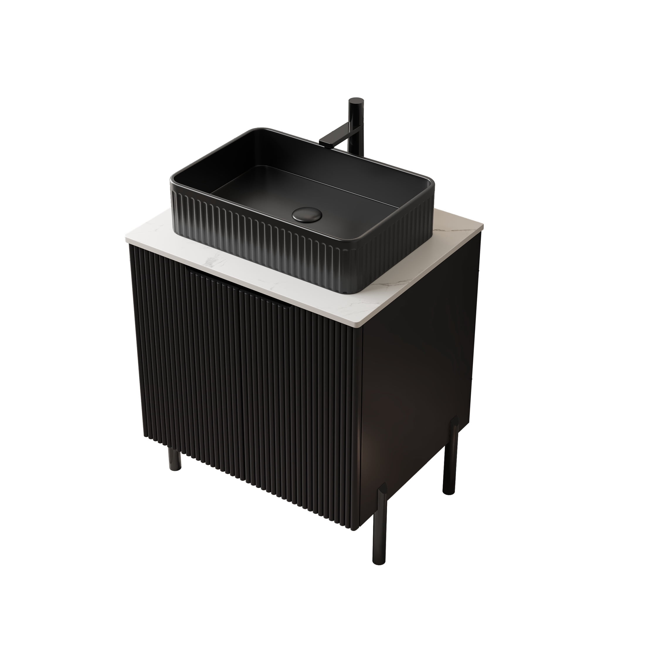 Noble House TURIO 24" Bathroom Vanity with Sintered Stone Countertop, Storage Cabinet, Black Rectangle Basin, Black
