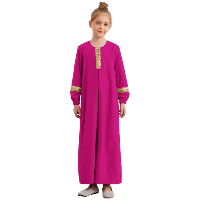 Jhaoyu Robes Musulmanes pour Filles, Abaya à Col Rond, Manches Longues, Robe Maxi pour Fête à Thème Ramadan, Mascarade, Rose Vif 14