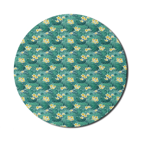 Exotic Mouse Pad for Computers, Rhythmic Plumeria Hidden in Palm and Monstera Leaves, Round Non-Slip Thick Rubber Modern Gaming Mousepad, 8" Round, Sea Green Yellow, by Ambesonne