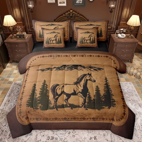 Homewish Farm Animal Horse 7-Piece Twin Bedding Sets,Rustic Western Farmhouse Bedding Comforter Set,Country Lodge Sheet Sets For Boys Kids,Ultra Soft Home Decor Reversible