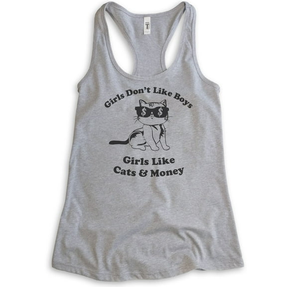 Girls Don't Like Boys Girls Like Cats and Money Tank Top, Ladies Racerback Tank Top, Cat Tank, Heather Gray, Small