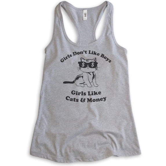 Girls Don't Like Boys Girls Like Cats and Money Tank Top, Ladies Racerback Tank Top, Cat Tank, Heather Gray, Medium
