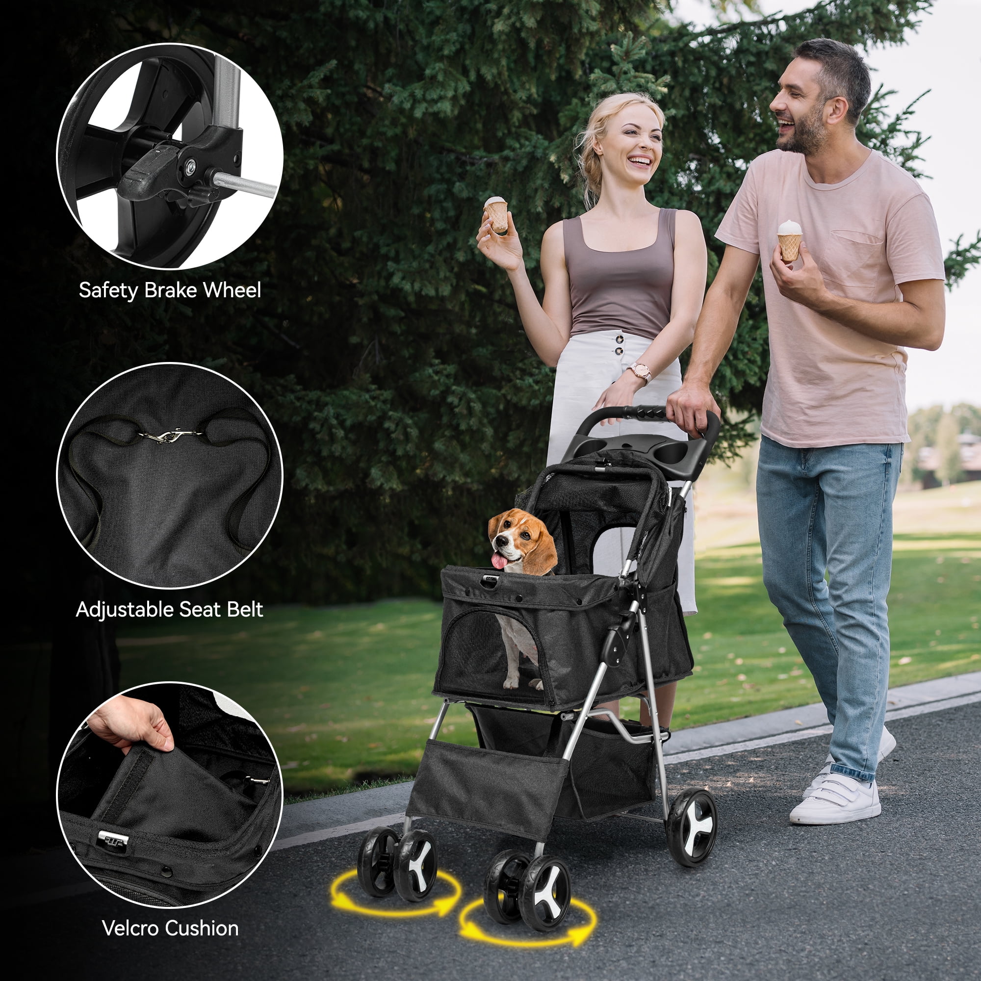 Dextrus 4-Wheel Foldable Dog Stroller with Storage Basket & 360° Rotating Wheels – Lightweight Pet Stroller for Small to Medium Dogs and Cats, Black