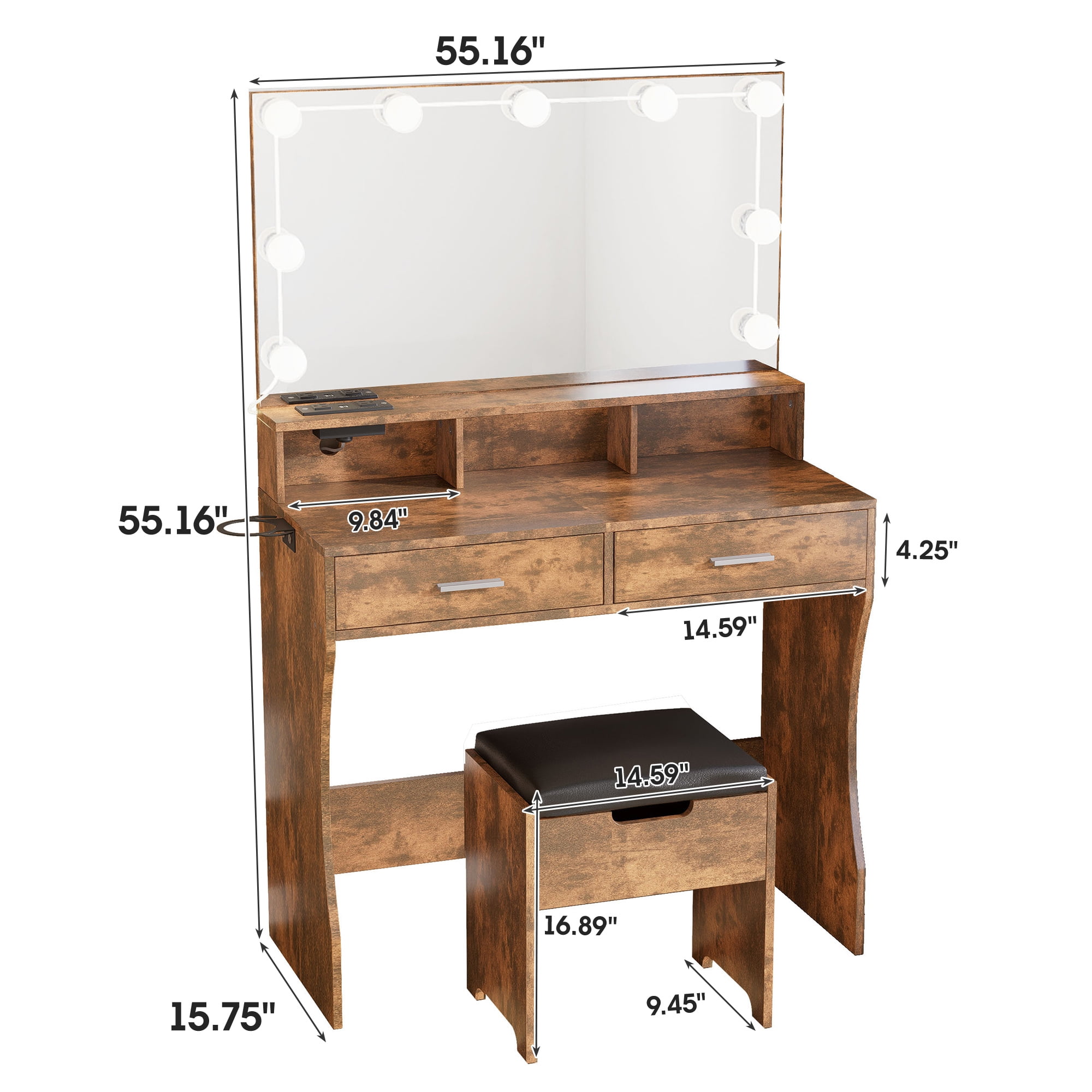 Veanerwood Makeup Vanity Table Set with Lighted Mirror & Power Strip Vanity Desk Set with Hair Dryer Holder, 3 Lighting Colors, Retro Brown
