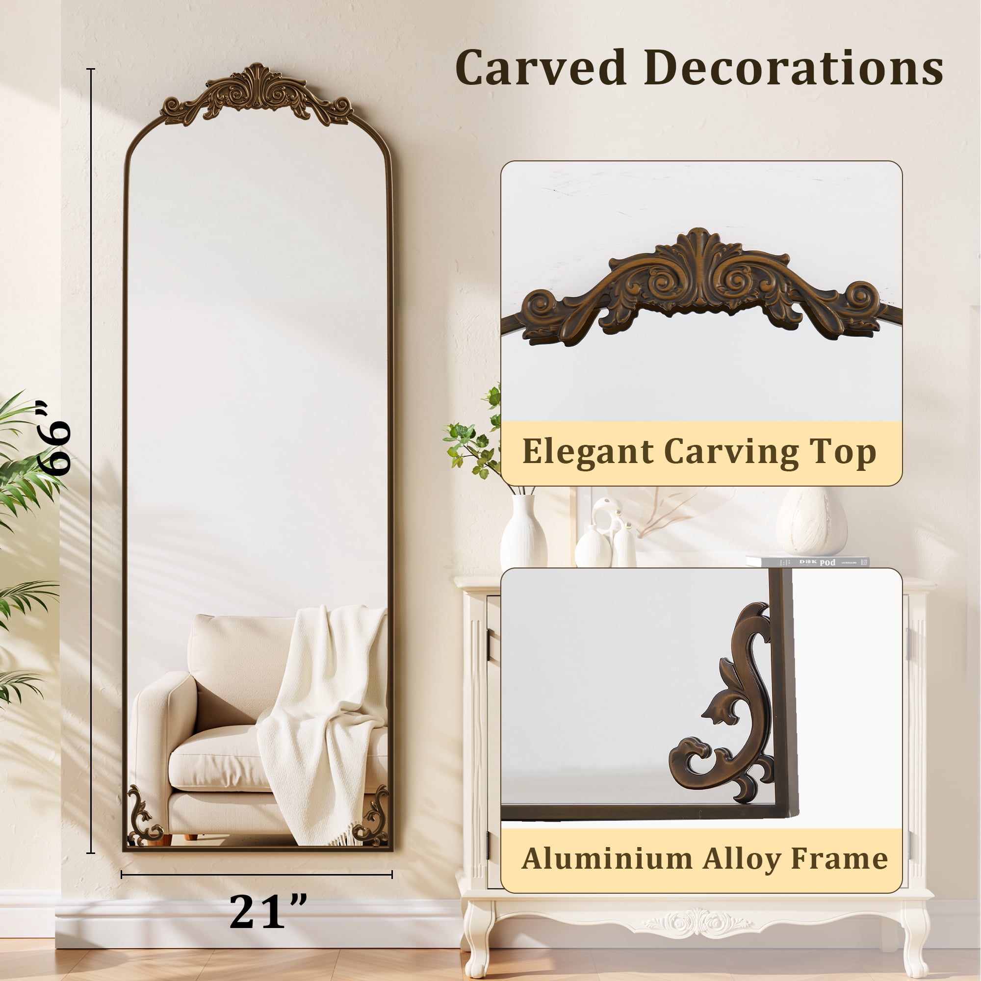 Anyrose 66"x 21" Baroque Full Length Mirror Arched Vintage Floor Mirror with Stand, Antique Bronze