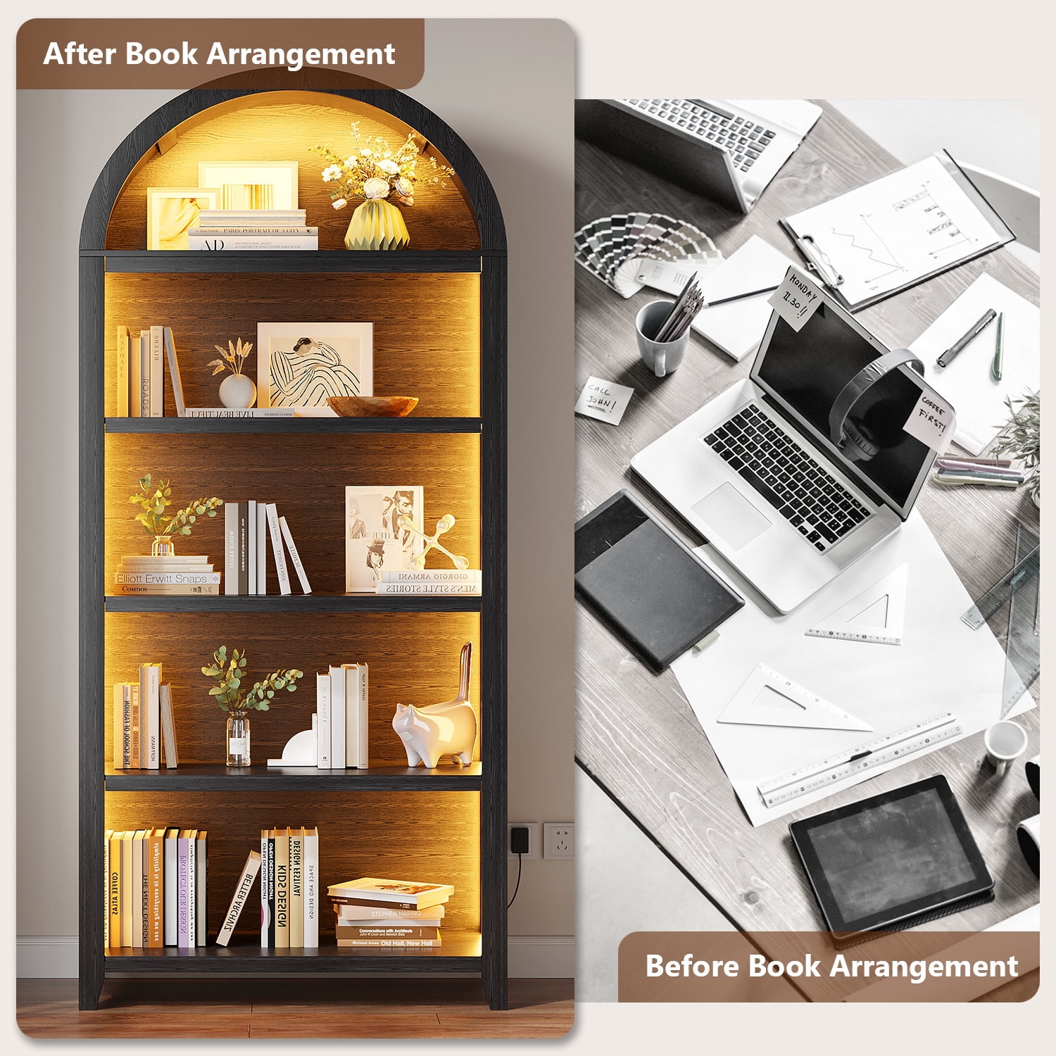 VKCC 68.9" Arched LED Bookcase with 5 Shelves, Modern Bookshelf for Living Room Office, Black