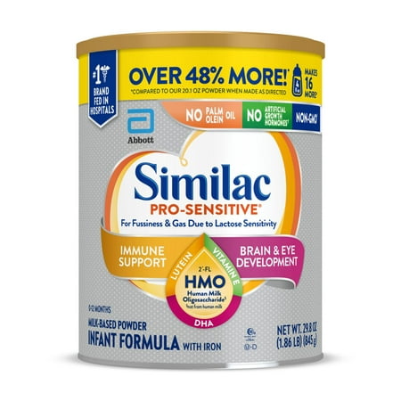 Similac Pro-Sensitive Powder Baby Formula for Lactose Sensitivity, With 2’-FL HMO for Immune Support, 29.8-oz Can
