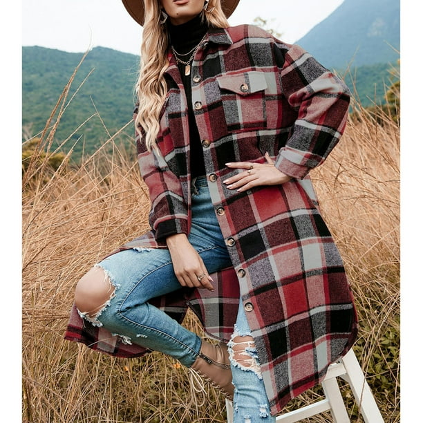 Camisas largas de franela a cuadros para mujer chaqueta con botones de solapa de manga larga con abertura lateral para mujeres y ninas rojo L