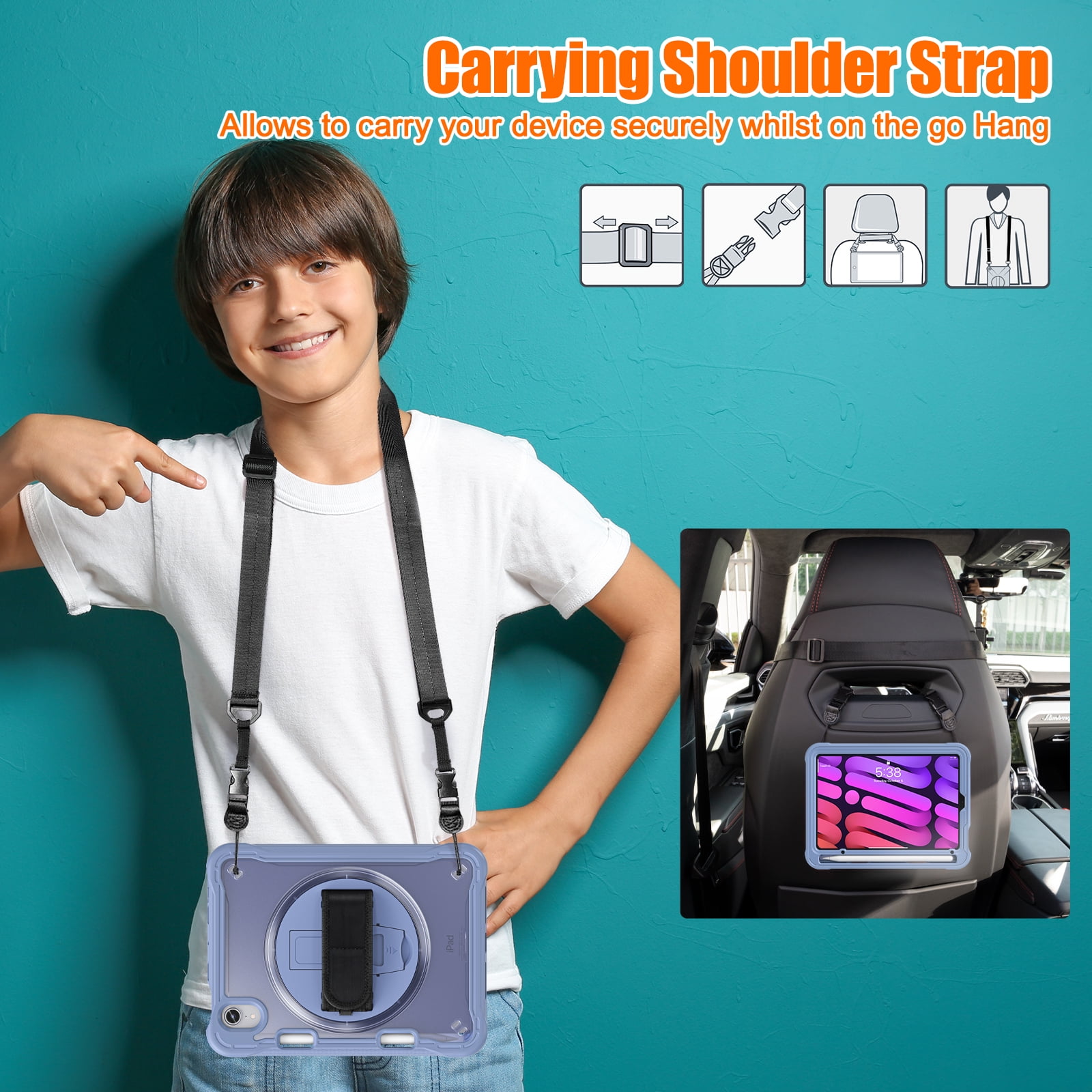 Shockproof Case for Apple iPad mini 6/7, iPad mini 6th 7th Gen Cover, 360 Rotating Stand Translucent Back Cover Shockproof Adjustable Shoulder Strap Kids Friendly with Pencil Holder, Grey