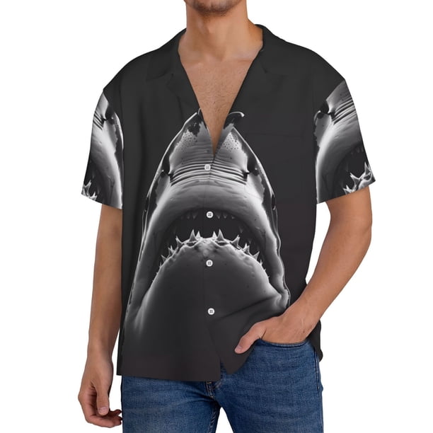 Fotbe Black And White Shark Camisa Estampada de Manga Corta para Hombre, Casual de Verano, Estilo Playero, Sin Arrugas-Medium