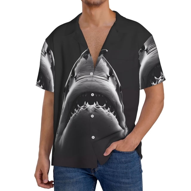 Fotbe Black And White Shark Camisa Estampada de Manga Corta para Hombre, Casual de Verano, Estilo Playero, Sin Arrugas-XX-Large