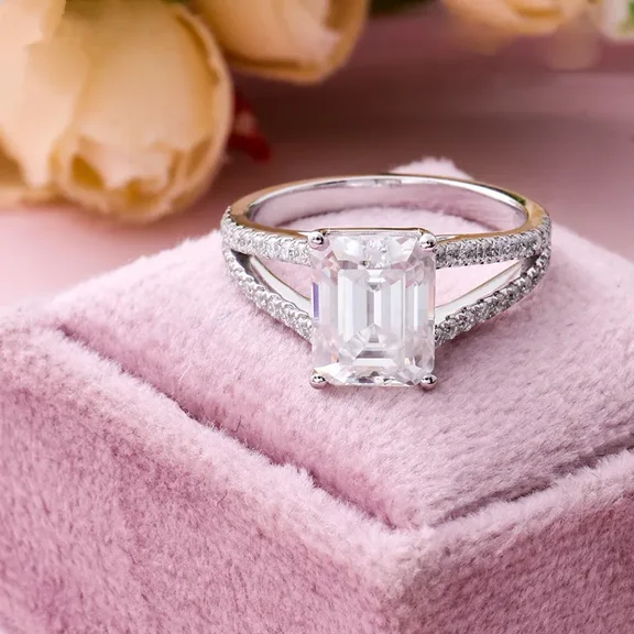 Kalapi Jewel 14K White Gold Plated Emerald Cut 1.4 Ct Moissanite Split Shank Engagement Ring for Women – Refined Prong Setting Wedding Ring – Elegant Promise or Gift Jewelry for Her