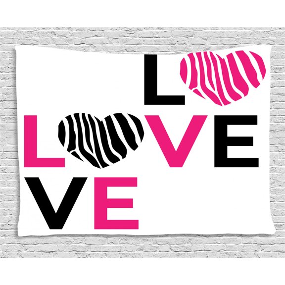 Pink Zebra Tapestry, I Love You Calligraphy Zebra Stripes Hearts Valentines Illustration, Wall Hanging for Bedroom Living Room Dorm Decor, 60W X 40L Inches, Pink Black and White, by Ambesonne