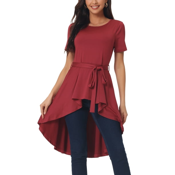 INSPIRAR CHIC Blusas de Mujer de Manga Corta con Dobladillo Alto y Bajo, Cuello Redondo, Cintura con Corbata, Dobladillo Asimétrico Irregular XL Rojo Vino