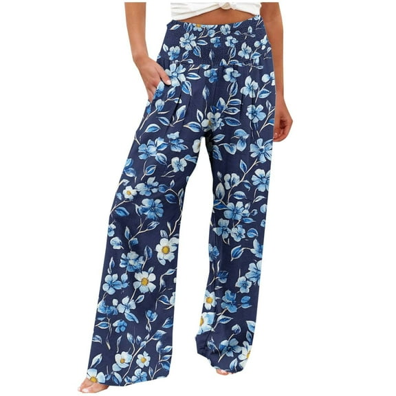 Women's Palazzo Pants Floral Printed Straight Wide Leg Slacks Elastic Waist Dressy Casual Pants with Pockets (XL, Multicolor 15)