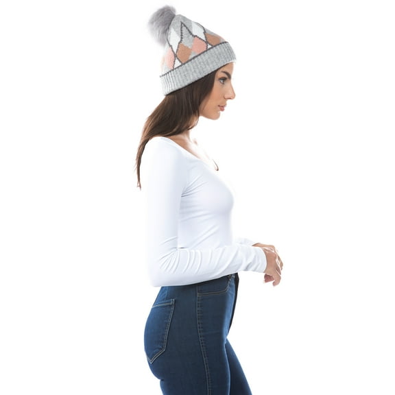 Marcus Adler Grey Argyle Beanie with Faux Fur Pom