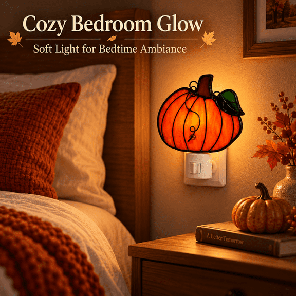 Stained Glass Pumpkin Night Light, Plug In Wall Nightlight, Fall Halloween Pumpkin Decor Lamp for Bedroom, Bathroom, Kitchen, Hallway, Nursery and Seasonal Home Ambiance​