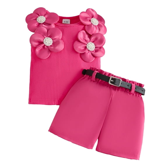 kpoplk Summer Toddler Baby Boy Girl Clothes Set Unisex Waffle Outfits Solid Short Sleeve Pocket Tops Shorts 2PCS Size 18-24 Months,Hot Pink