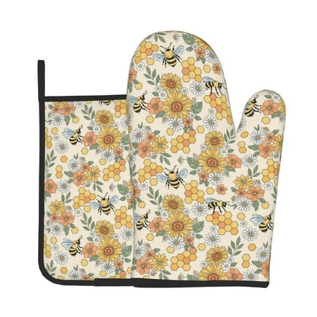 

Tebeau Hippie Bee Honeycomb Print Oven Mitts and Pan Racks 2-Piece Set Kitchen Oven Mitts and Pan Racks Heat Resistant 500 °F for Baking and Cooking