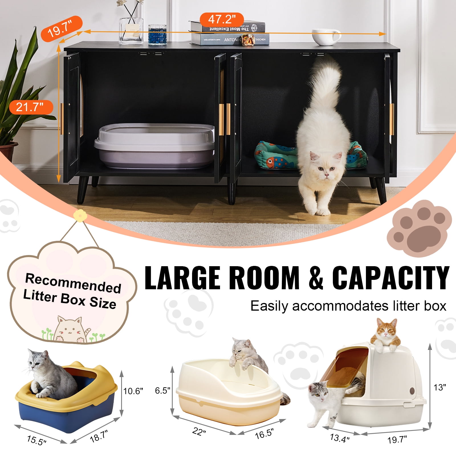 KFFKFF Cat Litter Box Enclosure for Two Cats, Hidden Litter Box Cabinet with Rattan-Style Doors, Wooden Design Compatible with Most Litter Boxes, 47.2"L x 19.7"W x 21.7"H, Black
