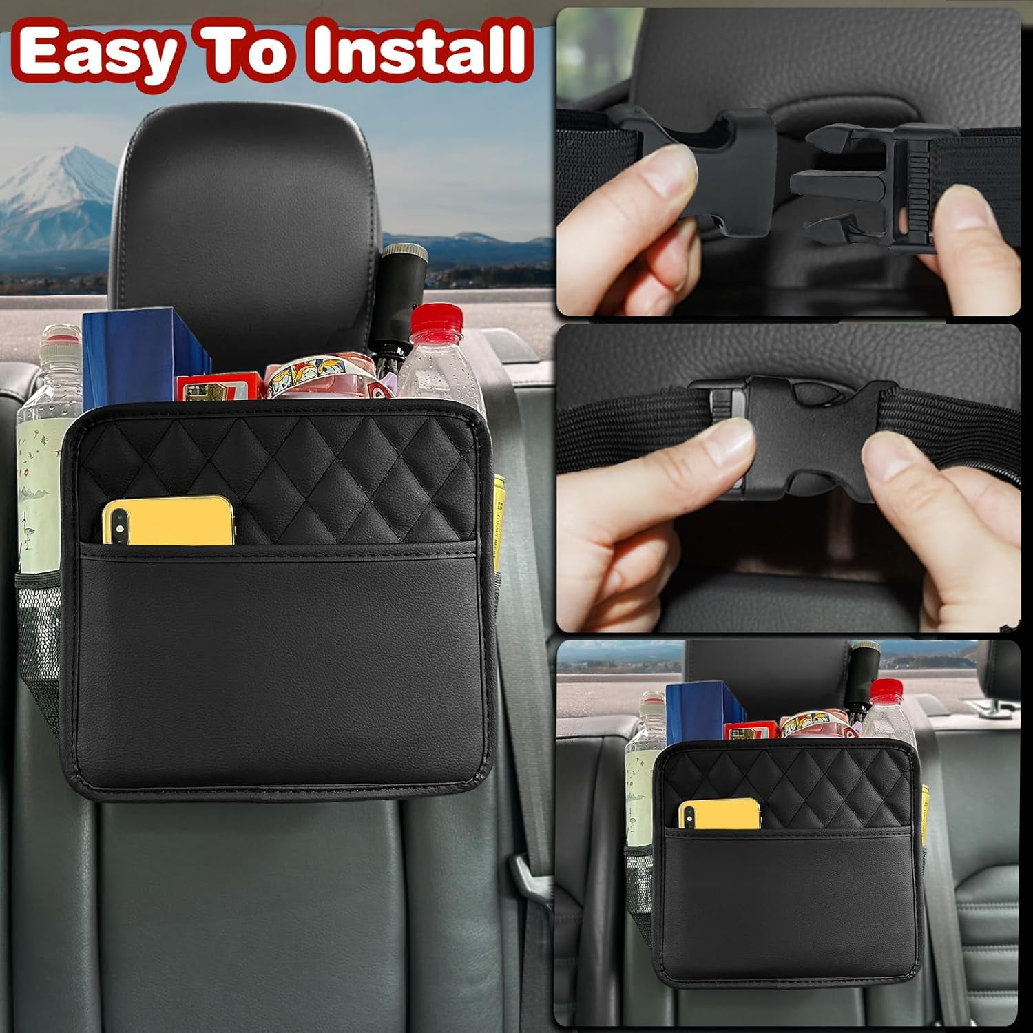 Witaxima 2 Pack Car Trash Bag Hanging, 2.14 Gal Car Trash Can with Storage Pockets, PU Leather Backseat Organizer for Cars, SUVs, Trucks, Black