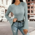 thumbnail image 2 of Lenpel Women's Lightweight Sweaters Trendy Crew Neck Ribbed Knit Bell Long Sleeve Shirts Soft Casual Blouses(Light Blue,X-Large), 2 of 5