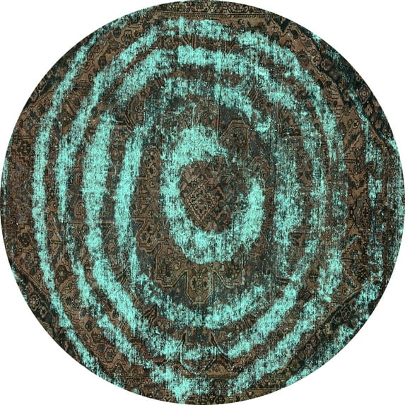 Ahgly Company Machine Washable Indoor Round Abstract Turquoise Blue Modern Area Rugs, 6' Round