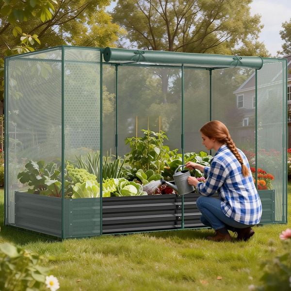 SLSY Galvanized Raised Garden Bed,Crop Cage,Plant Protection Net Tent Kit,Metal Planter Box Bottomless Planting Vegetables for Garden