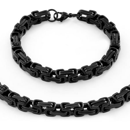 Black-Plated Stainless Steel Byzantine Chain Necklace (30) and Bracelet (9) Set