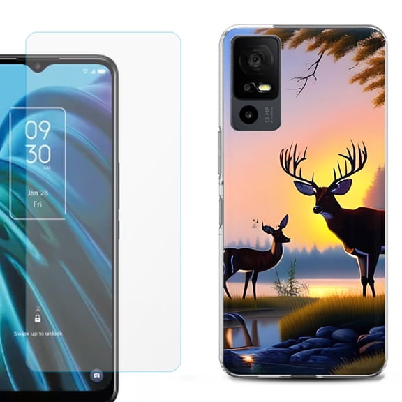 OneToughShield ® for TCL 40 XE 5G Shockproof Fashion Phone Case, with Tempered Glass Screen Protector - Deer Sunset