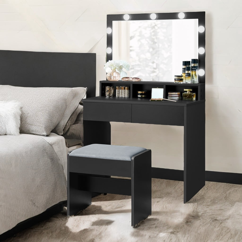 LEDREM Modern Makeup Vanity Desk with 9 Dimmable LED Lights, Storage Drawers & Stool, for Bedroom & Dressing Room, Ink Black