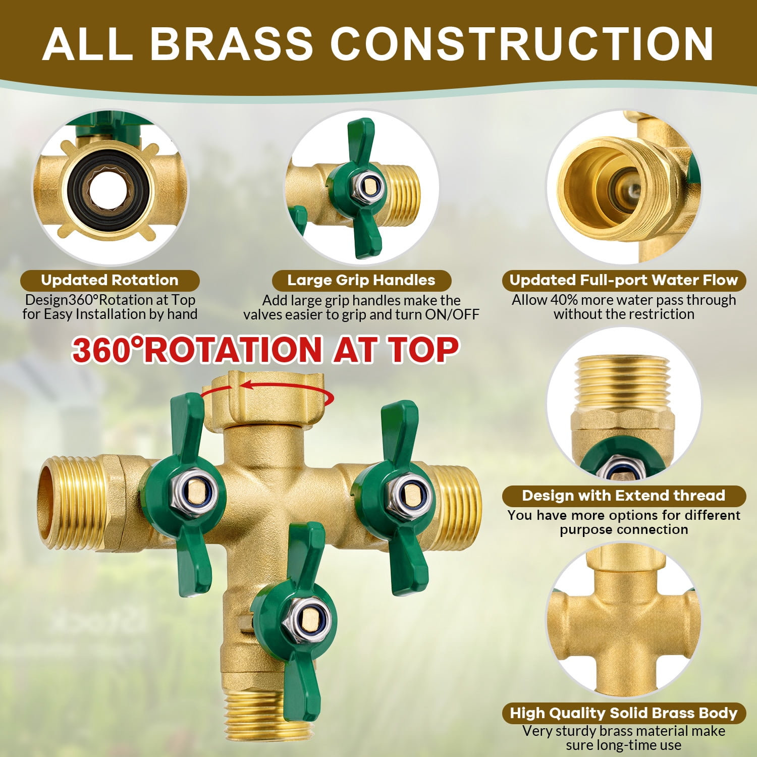 3-Way Brass Garden Hose Splitter, Heavy Duty Water Hose Valve with Long Handles for Lawn and Yard Watering
