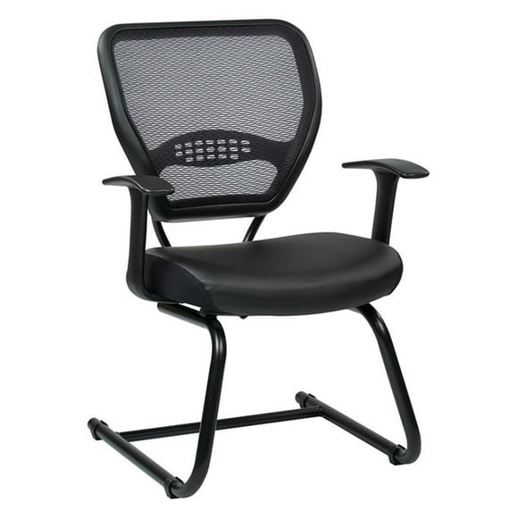 SPACE Seating Professional AirGrid Dark Back and Padded Black Eco Leather Seat, Fixed Arms and Lumbar Support Sled Base Visitors Chair