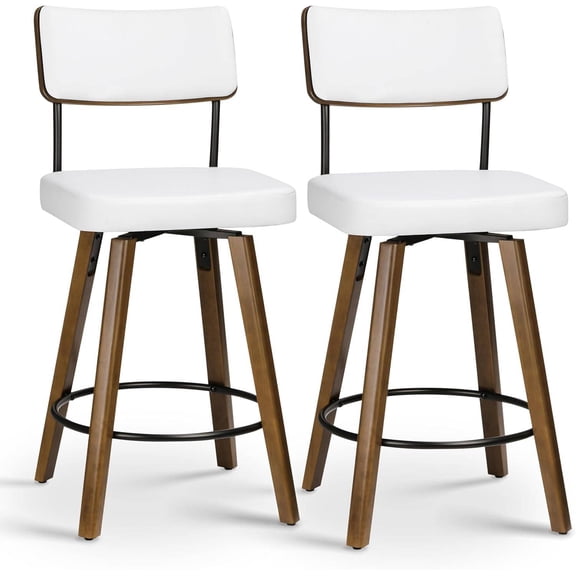 White Swivel Bar Stools Set of 2, 25-inch Counter Height with Upholstered Seat and Back, Modern Wood Legs