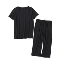 SWSMCLT Men's Short Sleeve Pajama Set Lounge Sleeping Pj Set Soft Capri Pajamas Short Casual Capri Loose Cool Black Medium