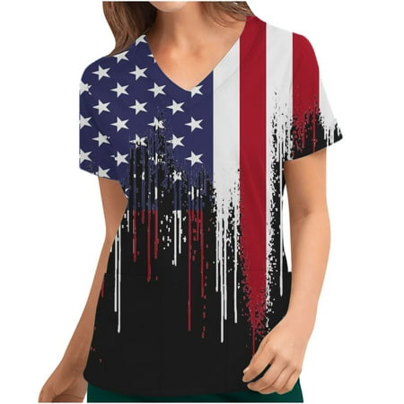 

REORIAFEE 4th of July Shirts Women Tops American Flag Shirt Patriotic Tops Striped Shirts Independence Day Print Scrubs Tops Pocket Blouse Nursing Uniform V-Neck Short Sleeve Black L