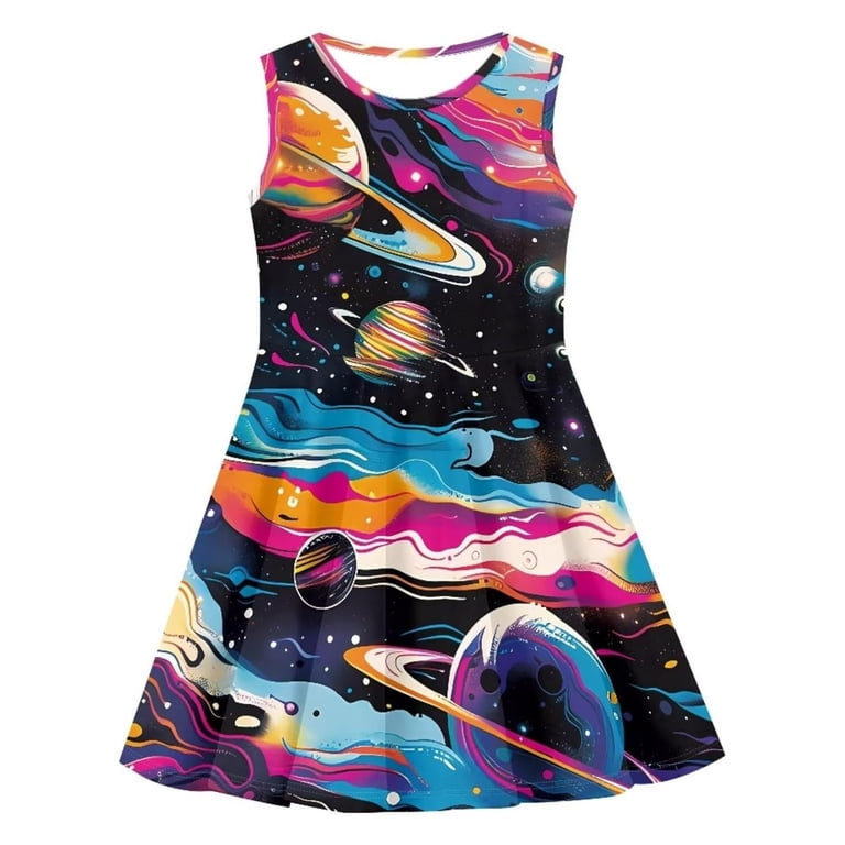 WAYUTE Girls' Dresses Sleeveless Crewneck Galaxy Print Pleated A Line Sun Dress for Toddler Kids Cute Play Outfit Party Casual Outdoor