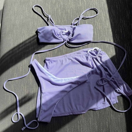 WMTBSRSW Women s Triangle Bikini Sets Ribbed Lace Up Three Piece Swimsuit Suspender Push Up Bra Cheeky Thong with High Waisted Boy Short