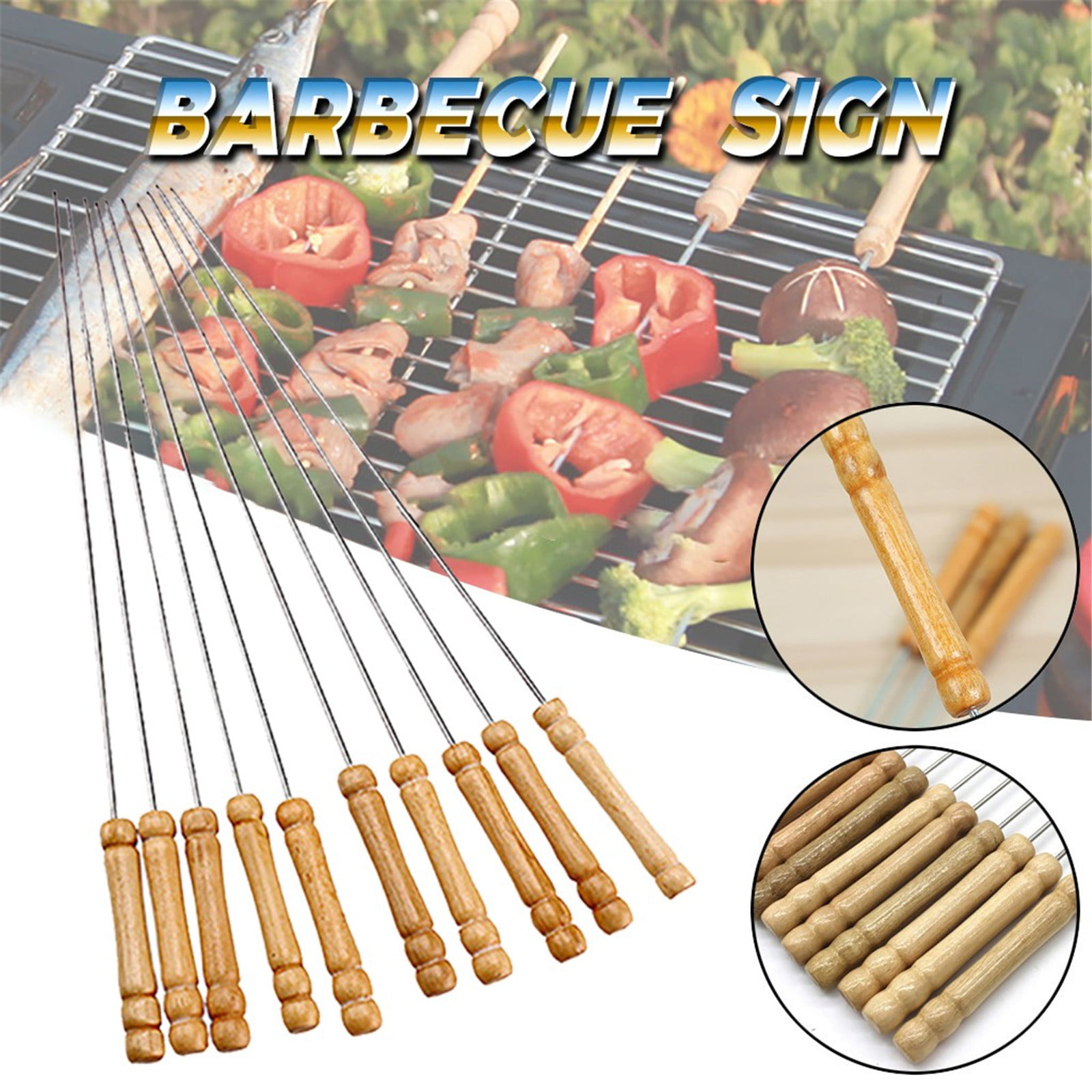 6PC Stainless Steel  Tools Barbecue Stick Roasting Needle Wood Handle Skewer 