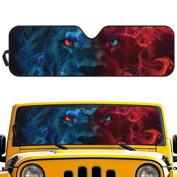 FUIALDOLG Ice&Fire Lion Windshield Sun Shade for Car Off-road Vehicle, Funny Driving Front Window Sun Visor Blocks UV Rays Sunshade