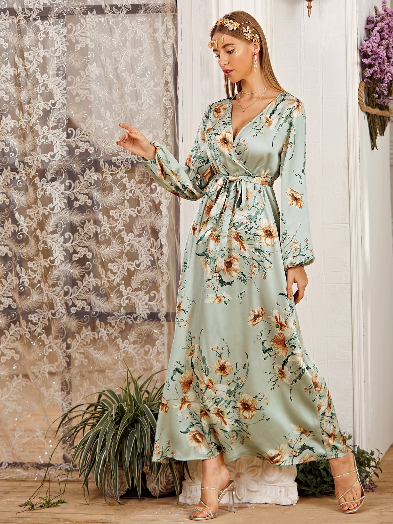 Women's Floral Print Self Belted 