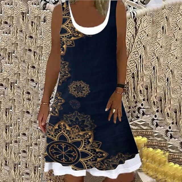HKEJIAOI Robe Florale pour Femmes Offres Liquidation Robes Décontractées Mode Été Col Rond Imprimé Sans Manches Robe Noire