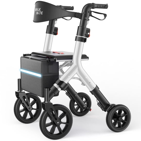 WalkMate Déambulateur à Roulettes Pliable avec Siège à Hauteur Réglable, 10 Roues, Conception Pliable Compacte, Aide à la Mobilité et à la Marche Légère pour Aînés de Grande Taille 5,3-7 Pi, Argent