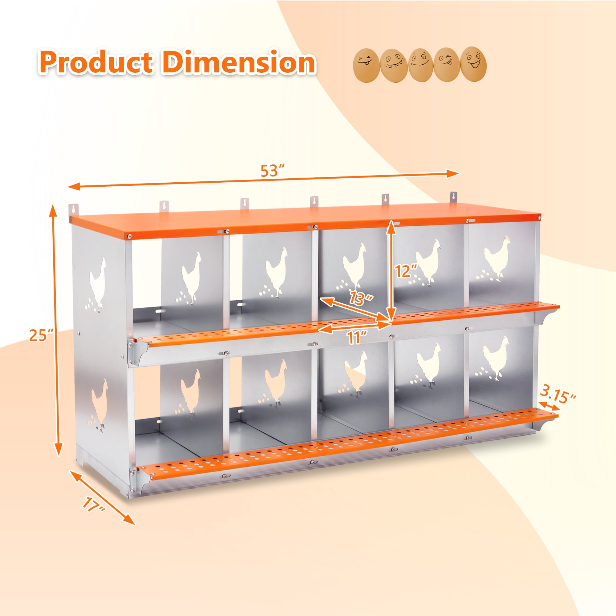 10-Bay Metal Poultry Nest Box, Orange Wall Mount Nesting Box for Hens and Ducks, Galvanized Steel Coop Accessory with Coconut Fiber Pad, Vented Design for Easy Egg Collection