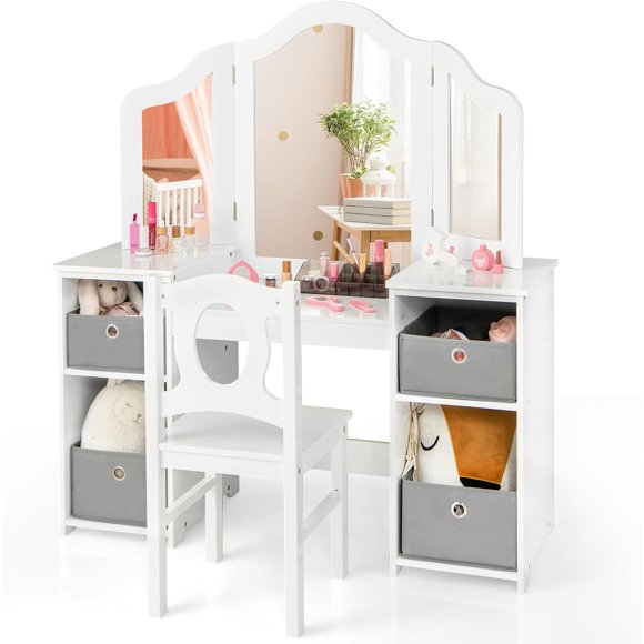 INFANS Coiffeuse pour Enfants, Ensemble de Bureau et Chaise de Maquillage de Princesse avec Miroir Lumineux, Tiroir et Étagères de Rangement, Table de Maquillage en Bois, Ensemble de Coiffeuse pour Jeu d'Imitation pour Tout-Petites