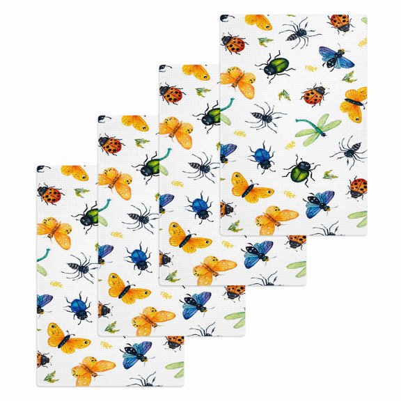 Spring Butterfly Dragonfly Kitchen Dish Towels for Drying Dishes Set of 4, Farmhouse Botanical Floral Waffle Weave Microfiber Hand Tea Bathroom Towels Quick Dry & Absorbent Towel 15.7x23.6