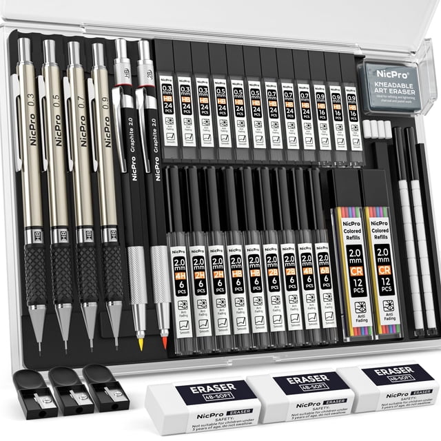 Juego de lápices Art Mechanical Nicpro de 37 piezas con estuche de recarga de plomo