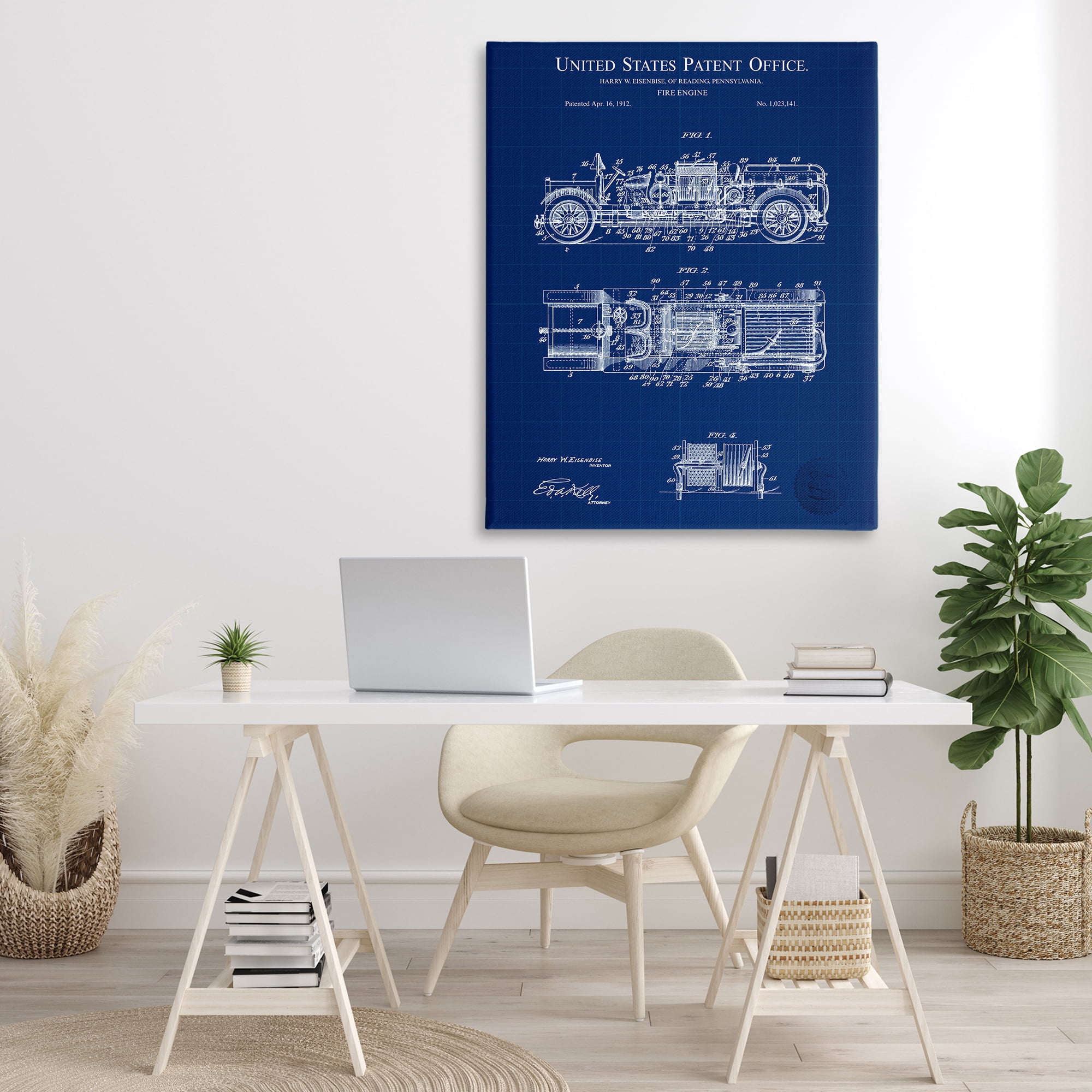 Stupell Industries Fire Engine Blueprint Transportation Painting Gallery Wrapped Canvas Art Print Wall Art, 36 x 48