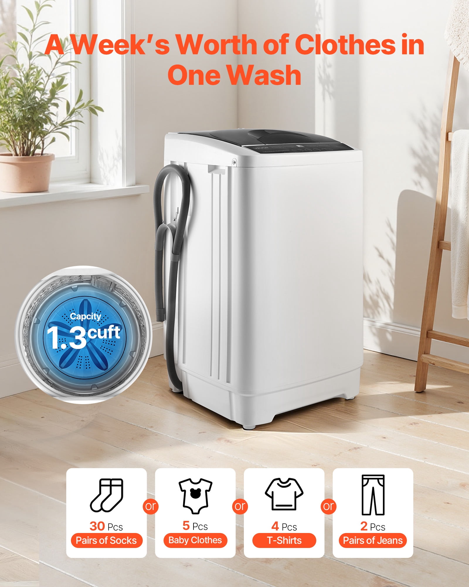 VEVOR Portable Washing Machine, Portable Washing 1.3 Cu.ft with LED Display, Stainless Steel Drum, 8 Wash Programs & 6 Adjustable Water Levels, Portable Washer for Apartments, RVs , and Dorms