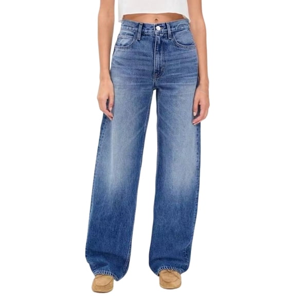 Women's Jeans High Rise Stretch Fit Plus Size High Waisted Wide Leg Vintage Washed Loose Denim Pants with Pockets